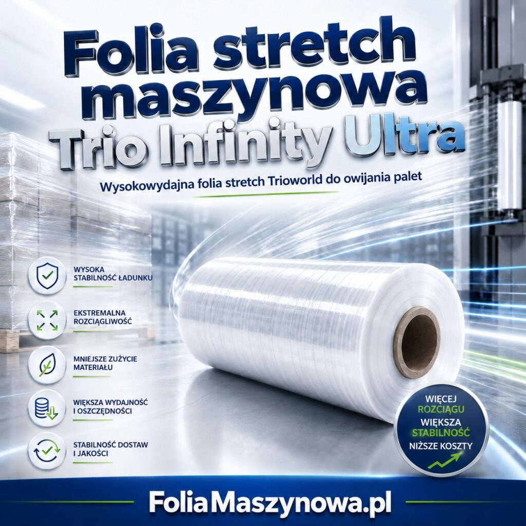 Folia stretch maszynowa Trio Infinity Ultra 17 µm, 410%, 2100 m. Wysokowydajna folia do automatycznych i półautomatycznych owijarek palet